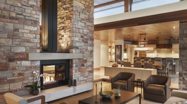 This new house, designed by Charles R Stinson ceiling, fireplace, interior design, living room, wall, gray