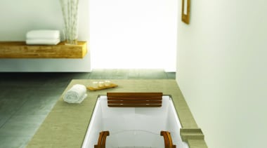 Tis bath is innovative in all regards. With floor, furniture, interior design, plumbing fixture, product design, sink, table, tap, white, green