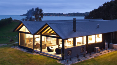 Twin-gabled holiday home near Oamaru, North Otago - cottage, estate, facade, farmhouse, home, house, property, real estate, roof, siding, window, teal