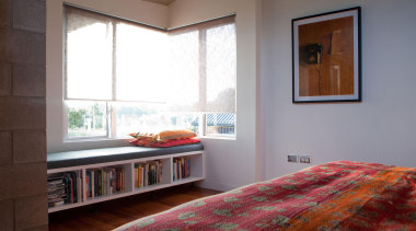 The new window seat in the main bedroom bed, bedroom, ceiling, floor, flooring, furniture, home, interior design, property, real estate, room, window, window covering, wood, gray, red