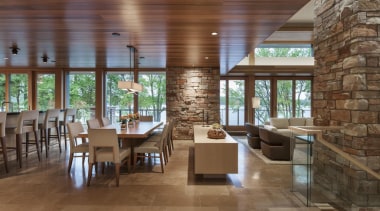 This new house, designed by Charles R Stinson ceiling, flooring, interior design, real estate, restaurant, brown