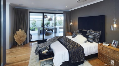 Master ensuite design. - The Macquarie Display Home bedroom, ceiling, floor, home, interior design, property, real estate, room, wall, window, gray, black