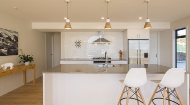A large kitchen and scullery with Eurostone benchtop, countertop, interior design, kitchen, real estate, room, gray, orange