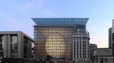 This new headquarters for the European Union Council architecture, building, city, commercial building, condominium, corporate headquarters, daytime, facade, headquarters, landmark, metropolis, metropolitan area, mixed use, plaza, sky, skyscraper, tower block, teal, black