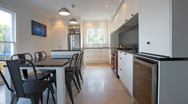 tiled floor, black granite, bar fridge, designatek countertop, home, interior design, kitchen, property, real estate, room, gray