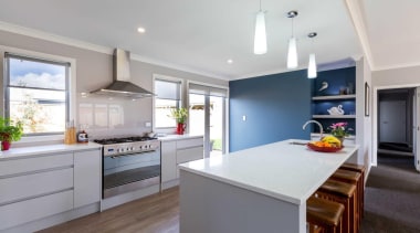 A feature wall in a smoky grey-blue shade countertop, interior design, kitchen, property, real estate, room, gray