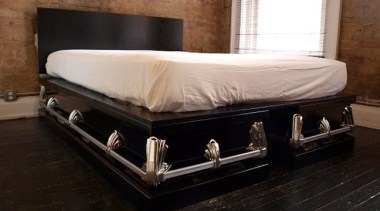Dracula would appreciate this coffin themed bed   bed, bed frame, couch, floor, furniture, mattress, black