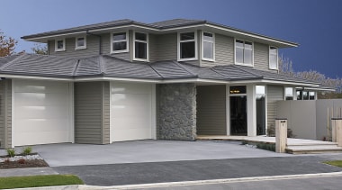 Generously proportioned two-storey home crafted from Linea weatherboard building, elevation, estate, facade, home, house, neighbourhood, property, real estate, residential area, roof, siding, suburb, window, gray