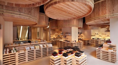 The Kayanoya Shop is a reproduction of a bakery, interior design, wood, brown, orange