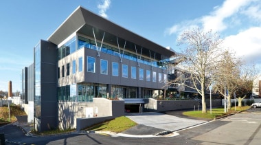 NOMINEEGHD Centre (3 of 4) - Resene Green apartment, architecture, building, commercial building, condominium, corporate headquarters, facade, headquarters, mixed use, property, real estate, residential area, teal