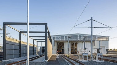 EXCELLENCE AWARDWiri Electric Train Maintenance and Stabling Facility architecture, building, house, real estate, sky, train station, transport, teal