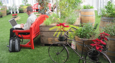 Commercial landscape - backyard | bicycle | bicycle backyard, bicycle, bicycle accessory, carriage, cart, flower, garden, grass, lawn, plant, product, tree, vehicle, yard, green