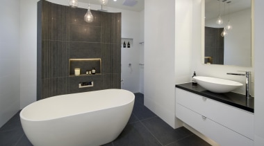 Bubbles Bathrooms - Winner of Housing Industry Association architecture, bathroom, bathroom accessory, floor, interior design, product design, property, real estate, room, tile, gray, black