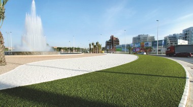 Commercial landscape - architecture | asphalt | grass architecture, asphalt, grass, landscape, lawn, plant, real estate, residential area, sky, urban design, water resources, teal, brown, white