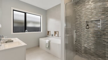 Tiled shower with frameless glass, and Otto freestanding bathroom, floor, home, interior design, property, real estate, room, sink, tile, gray