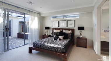 Master ensuite design. - The Nirvana Display Home bed frame, bedroom, ceiling, home, interior design, property, real estate, room, gray