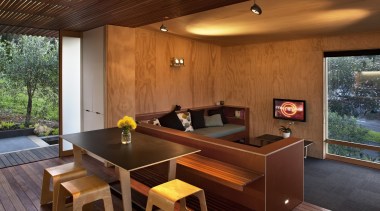 Coromandel, New Zealand - Studio 19 Onemana Bach architecture, house, interior design, living room, real estate, table, wood, brown