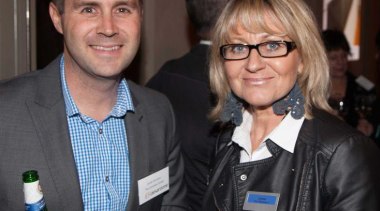 Jared Dinneen (Laminex New Zealand) and Leonie Von event, fashion, product, profession, professional, socialite, suit, black
