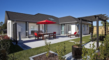 For more information, please visit www.gjgardner.co.nz architecture, backyard, cottage, estate, home, house, outdoor structure, property, real estate, residential area, roof, villa, blue