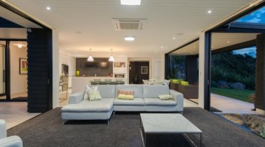 ADNZ Waikato Region Award Winner for Addition and architecture, ceiling, estate, home, house, interior design, lighting, living room, patio, property, real estate, window, gray, black