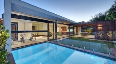 Urbane Projects architecture, backyard, estate, home, house, leisure, property, real estate, reflection, residential area, roof, swimming pool, villa, window, teal