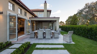 23 - backyard | cottage | estate | backyard, cottage, estate, facade, home, house, mansion, outdoor structure, patio, property, real estate, villa, gray