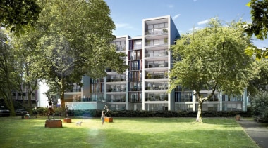 This new development The Chilterns is situated in apartment, architecture, building, campus, city, condominium, courtyard, daytime, estate, facade, home, house, mixed use, neighbourhood, property, real estate, residential area, tower block, tree, urban design, brown