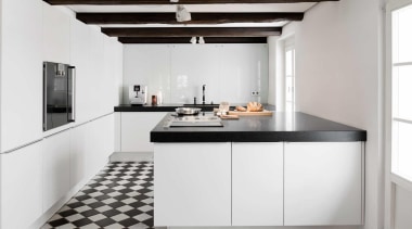 This village house was built around 1750, long countertop, cuisine classique, floor, interior design, kitchen, white