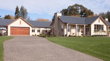 Classic house design by Design House Architecture - backyard, cottage, estate, facade, farmhouse, grass, home, house, land lot, landscape, lawn, property, real estate, residential area, shed, siding, yard, gray, brown