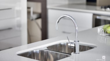 Kitchen design. - The New Dimension Display Home bathroom sink, countertop, kitchen, plumbing fixture, product design, sink, tap, gray