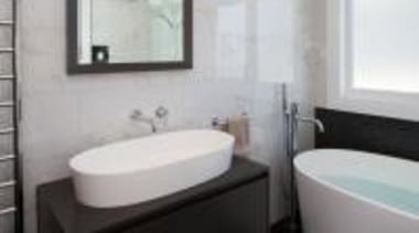 Photography by Jamie Cobel - Vanity in Caesarstone bathroom, bathroom accessory, bathroom sink, floor, home, interior design, plumbing fixture, product, product design, property, room, sink, tap, toilet seat, gray