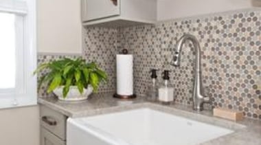 Bachelor Pad to Serene - Laundry Room - bathroom, bathroom accessory, bathroom cabinet, cabinetry, countertop, floor, home, home appliance, interior design, kitchen, room, sink, tap, tile, wall, gray