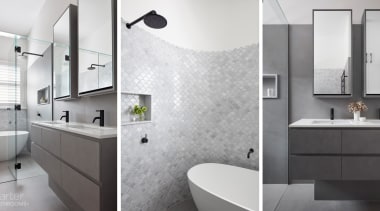 Bathrooms come in all shapes and sizes and bathroom, bathroom accessory, bathroom cabinet, floor, home, interior design, plumbing fixture, room, sink, tap, tile, white, gray