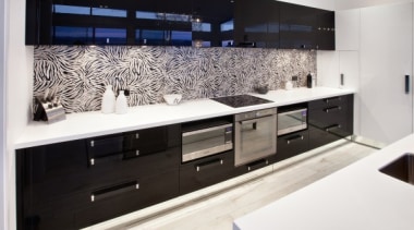 A bold two tone statement - featured in countertop, interior design, kitchen, room, white, black