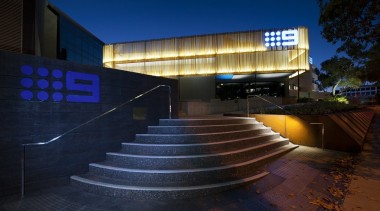 Channel 9 Headquarters – Cox Howlett &amp; Bailey architecture, building, facade, light, lighting, night, performing arts center, real estate, reflection, sky, structure, black