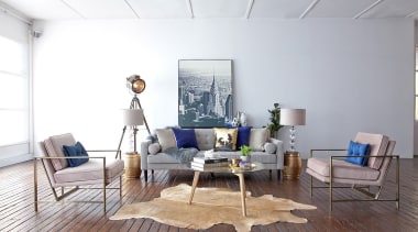 Faux studio lights and rugs can glam up chair, floor, furniture, home, interior design, living room, loft, product design, room, table, white