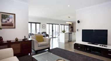 Living room with white sofa and a grey apartment, interior design, living room, property, real estate, room, white