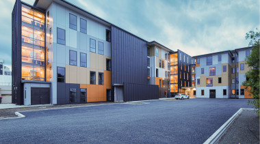 The Otago Polytechnic Student Village’s faceted exterior creates apartment, architecture, building, commercial building, condominium, elevation, facade, home, house, mixed use, neighbourhood, property, real estate, residential area, sky, blue