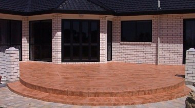 Overlay_84 - backyard | brick | brickwork | backyard, brick, brickwork, hardwood, home, outdoor structure, patio, property, real estate, siding, walkway, wall, wood stain, black, red