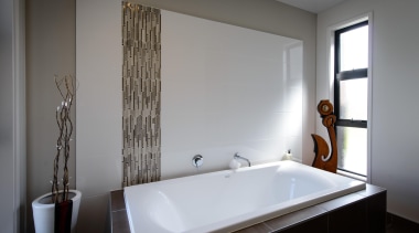 Relax in this bath, set behind a dividing bathroom, bathtub, interior design, plumbing fixture, room, window, gray