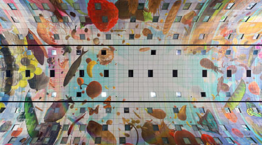 The Markthal Rotterdam is a market hall unlike art, artwork, modern art, mural, painting, wall, gray