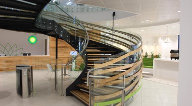 BP Head Office, NZ - Spiral staircase, glass handrail, interior design, product design, stairs, gray