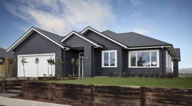 This timeless design has a gracious entry to building, cottage, elevation, estate, facade, farmhouse, home, house, landscape, property, real estate, residential area, siding, sky, gray, black