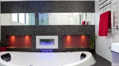 Black bathroom with red and blue accent - bathroom, interior design, property, room, black, gray