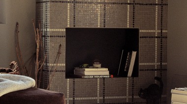 bianco-cemento-moka vetro mosaic feature wall - Vetro Mosaics curtain, fireplace, floor, flooring, furniture, hearth, interior design, living room, wall, window, window blind, window covering, window treatment, wood, black, brown