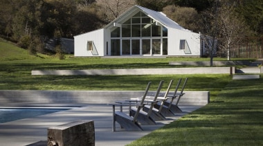Hupomone Ranch is a LEED Platinum house designed architecture, cottage, estate, farmhouse, grass, home, house, landscape, lawn, plant, real estate, reflection, residential area, sky, tree, water, black