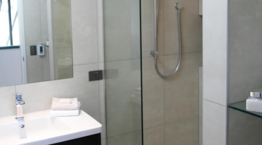 Earthstone talc ivory porcelain tiled bathroom - Earthstone bathroom, floor, glass, plumbing fixture, product design, room, tile, gray