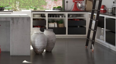 Tanova Ventilated Drawers in Kitchen Setting - Custom floor, flooring, furniture, tile, gray, black