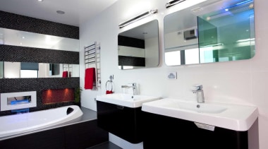 Black and white bathroom with red and blue bathroom, interior design, product design, room, white, black
