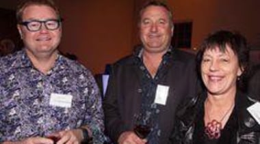 Mal Corboy, Martin Plom (Elite Cabinetry) and Lynn socialite, staff, red